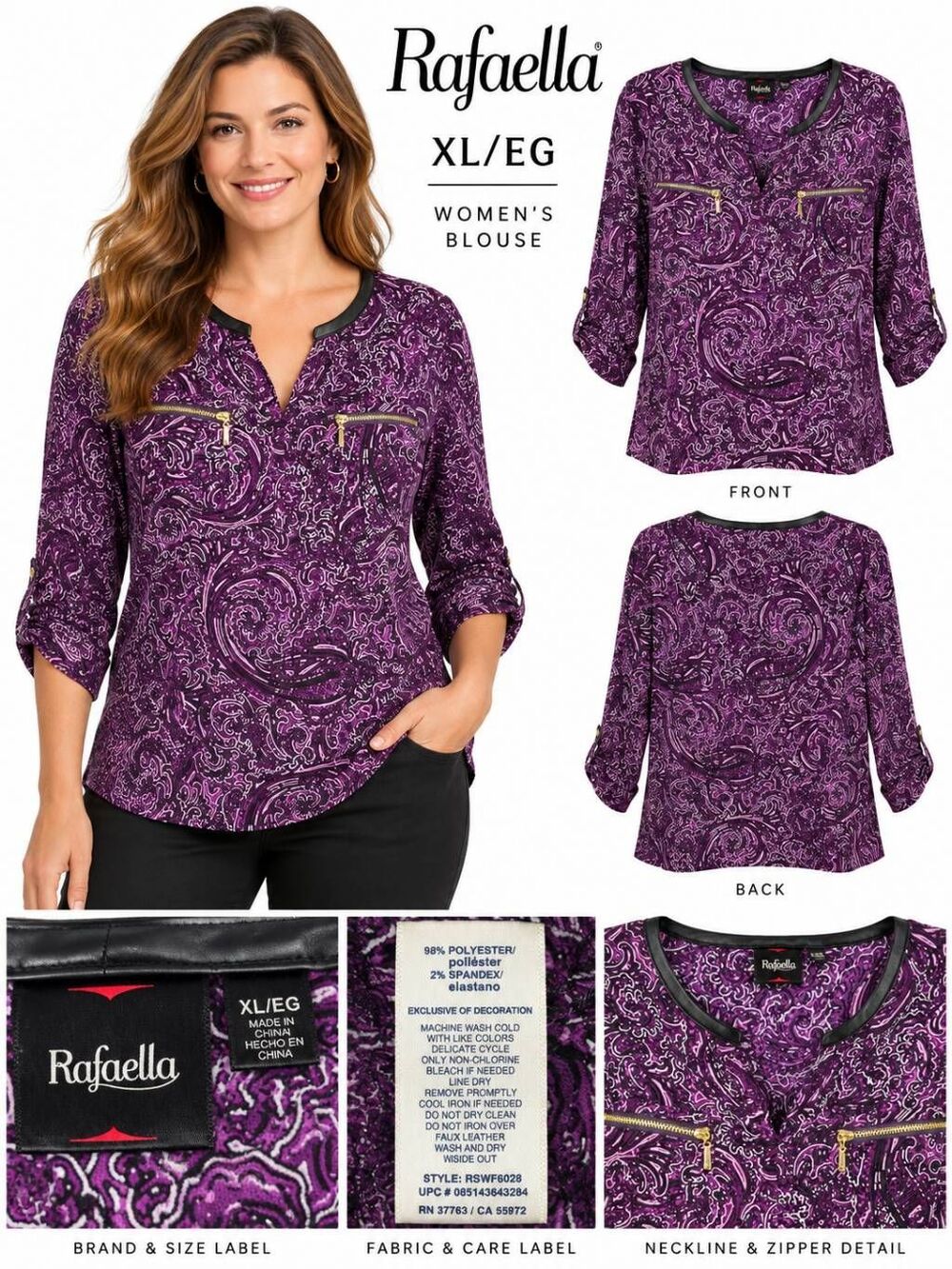 Rafaella XL Purple Paisley Zip Top
